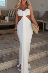 Strapless Waist Cutout Backless Solid Color Slim Fit Slit Maxi Dresses-White