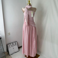 Pink-belted strapless dress
