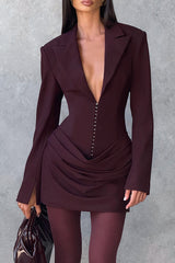Deep V Neck Long Sleeve Cinch Waist Draped Design Blazer Mini Dresses-Purple