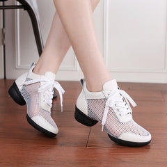 Women's Leather Mesh Lace-up 4cm Heel Dance Sneakers Practice Dance Shoes JazDance