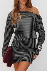 Striped Knit Off Shoulder Long Sleeve Slim Fit Casual Mini Dresses-Grey
