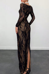 Square Neck Long Sleeve Lace Slim Fit Slit Hem Maxi Dresses-Black