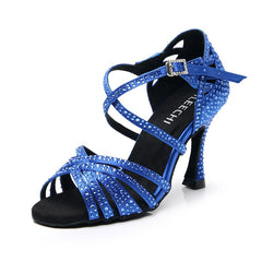 Women's Blue Customized Heel Strappy Dance Shoes With Crystals