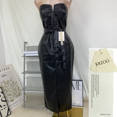 Strapless tight-fitting slit PU studded dress
