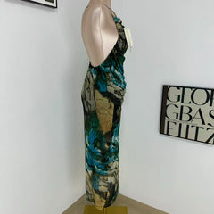 Printed silk net halter top dress