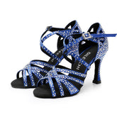 Women's Blue Black Satin & Rhinestones Sandal Customized Heel Latin Dance Heels