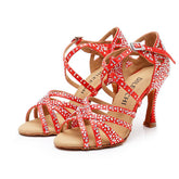 Women's Red Customized Heel Strappy Dance Shoes With Crystals