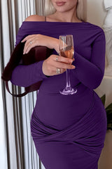 Solid Color Twisted Ruched Bodycon Long Sleeve Maxi Dresses-Purple
