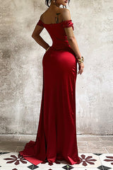 Off Shoulder Ruched Cinch Waist Bodycon Satin Slit Gowns Maxi Dresses-Red