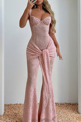 Ruched Tie Up Streamer Flared Leg Lace Cami Jumpsuit-Pink