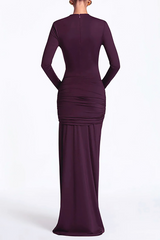 Cutout Round Neck Long Sleeve Ruched Long Streamer Slim Fit Maxi Dresses-Purple