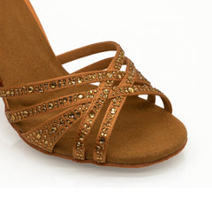 Women's Brown Silk Satin Rhinestones Strappy Latin Dance Shoes Customized Heel