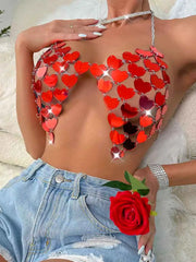 Red Sequin Bra - Heart Sequin Bralette Backless Top