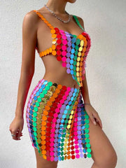 Rainbow Sequin Two Piece Set - Middle Skirt + Bra Top