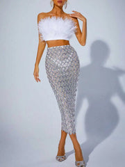 Sequin Mesh Skirt White Feather Tube Top Suit