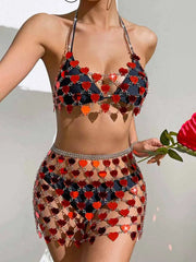 Red Heart Sequin Bra & Mini Skirt Set