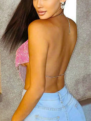 Women Sparkly Sequin Tank Top Pink Bra Tops