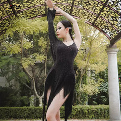 YJFY Women's Black Tassel Latin Dance Dress Dance Wear Training Performance Dress