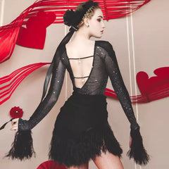 YJFY Women's Black Latin Dance Dress Dance Wear Training Performance Dress