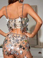 Star Sequin Skirt + Star Chainmail Top - Silver Shiny Suit