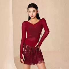 Women's Red Long Sleeves Dance Tops Bodysuit LeotarPractice DanceWear