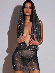 Rhinestone Cover Up Dress - Mesh Hooded Dress