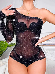 Mesh Bodysuit With Rhinestones - One-Shoulder Bodysuit