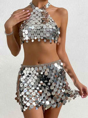 Two Piece Silver Sequin Set - Mini Skirt + Bra Top