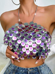 Silver Sequin Bralette - Circle Sequin Halter Tank Top