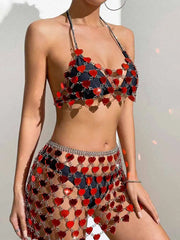 Red Heart Sequin Bra & Mini Skirt Set