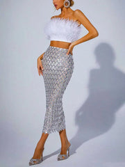 Sequin Mesh Skirt White Feather Tube Top Suit