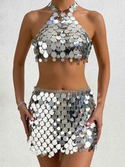 Two Piece Silver Sequin Set - Mini Skirt + Bra Top