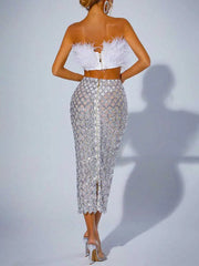 Sequin Mesh Skirt White Feather Tube Top Suit