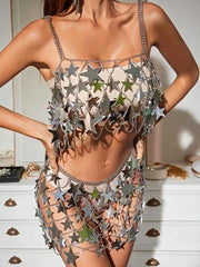 Star Sequin Skirt + Star Chainmail Top - Silver Shiny Suit