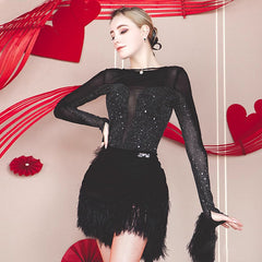 YJFY Women's Black Latin Dance Dress Dance Wear Training Performance Dress