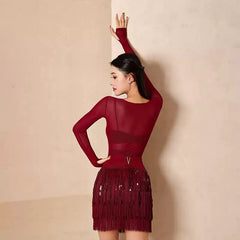 Women's Red Long Sleeves Dance Tops Bodysuit LeotarPractice DanceWear