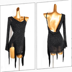 YJFY Women's Black Tassel Latin Dance Dress Dance Wear Training Performance Dress