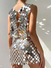 Silver Sequin Matching Set - Middle Skirt + Bra Top