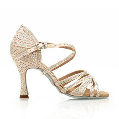 Women's Light Pink Customized Heel Open Toe Strappy Dance Shoes With Crystals