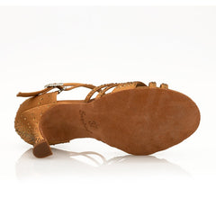 Women's Brown Silk Satin Rhinestones Strappy Latin Dance Shoes Customized Heel