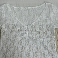 Slim-Fit V-Neck Lace Short-Sleeved Top