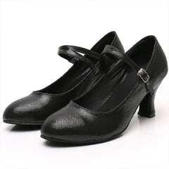 YW Women's Black Real Leather Customized Heels Ballroom Dance Shoes Modern Dance Shoes