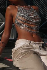 Dangle Chains Cutout Halter Neck Backless Party Crop Top Silver