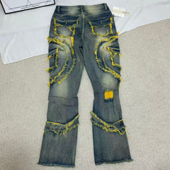 Distressed Flared Fringed Stretch Jeans