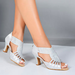 Women's Silver Customized Heel Strappy Satin Rhinestones Sandal Bride Dance Shoes