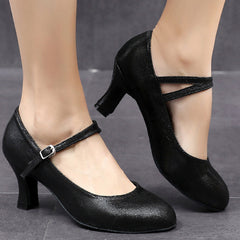 YW Women's Black Real Leather Customized Heels Ballroom Dance Shoes Modern Dance Shoes