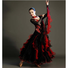 Women's Long Sleeve Lace Diamond WaltBallroom Dance Competition Modern Dance Large Swing Dress