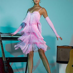 Women's Pink Tassel Latin Dress Dance Wear Training Performance Dress