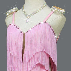 Customisable-Women's Pink Tassel Latin Dance Dress Professional Dance Stage Performance Wear