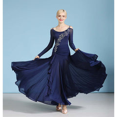 Women's Navy Long Sleeve Sling Modern Dance Dress Ballroom Dancing Costume